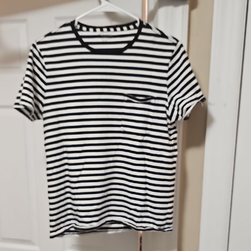 Club Monaco Navy and White Striped Short Sleeve Tee